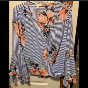 Blue and white striped floral top